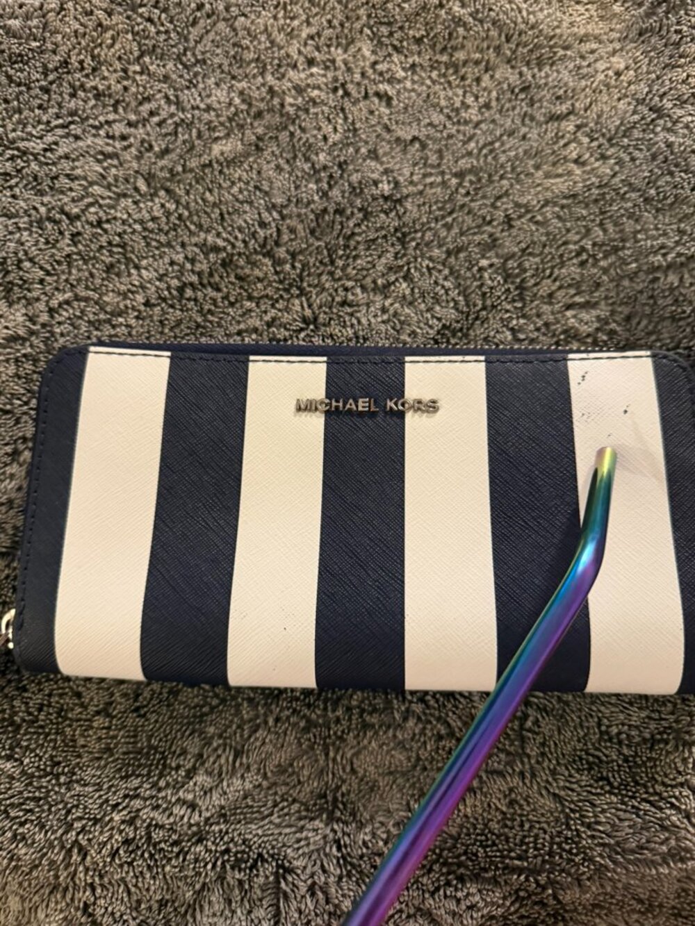 Michael Kors Navy Blue White Striped Zip Around Continental Wallet